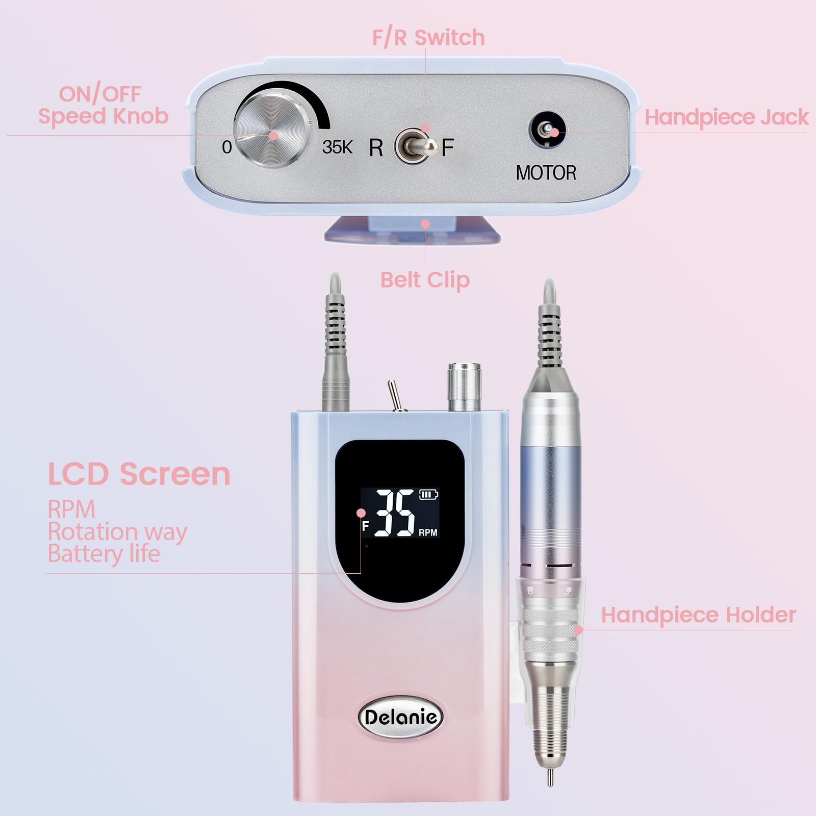 Delanie Professional Nail Drill High Torque 35000 RPM Rechargeable Portable Electric Nail File for Acrylic & Gel, High Speed, Low Heat, Low Vibration (7 colors )