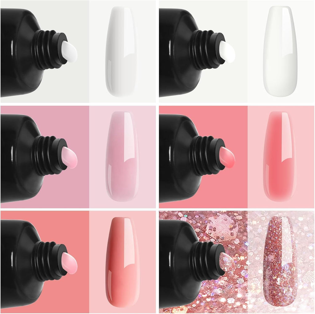 7 different packs . Phoenixy Poly Nail Gel Kit 6 Colors Pink Nude with Sliver Gold Glitter Poly Extension Gel 15 ml