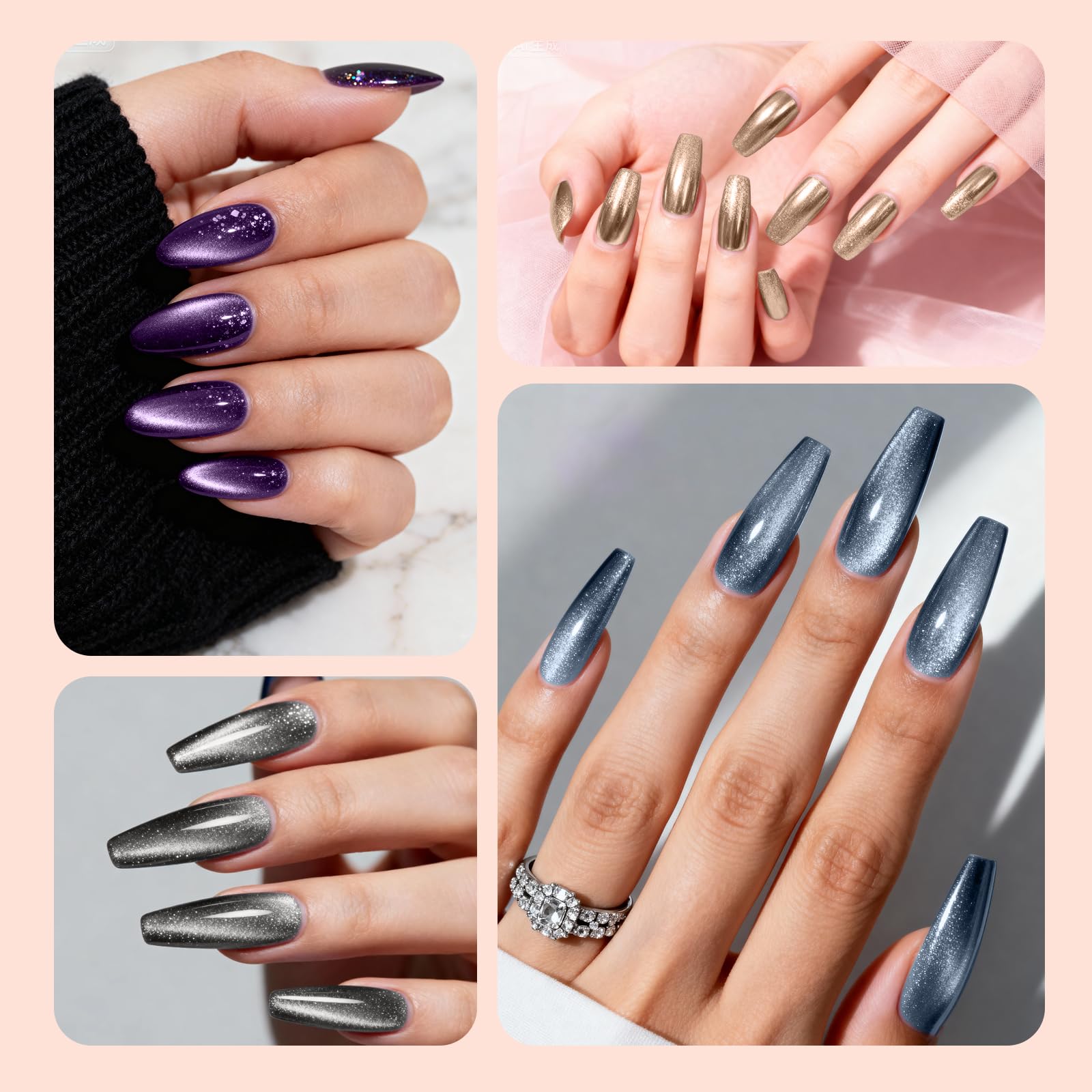 Poly Gel Nail Kit, EBANKU Cat Eye Poly Nail Gel Pink Purple Gold Glitter Magnetic Builder