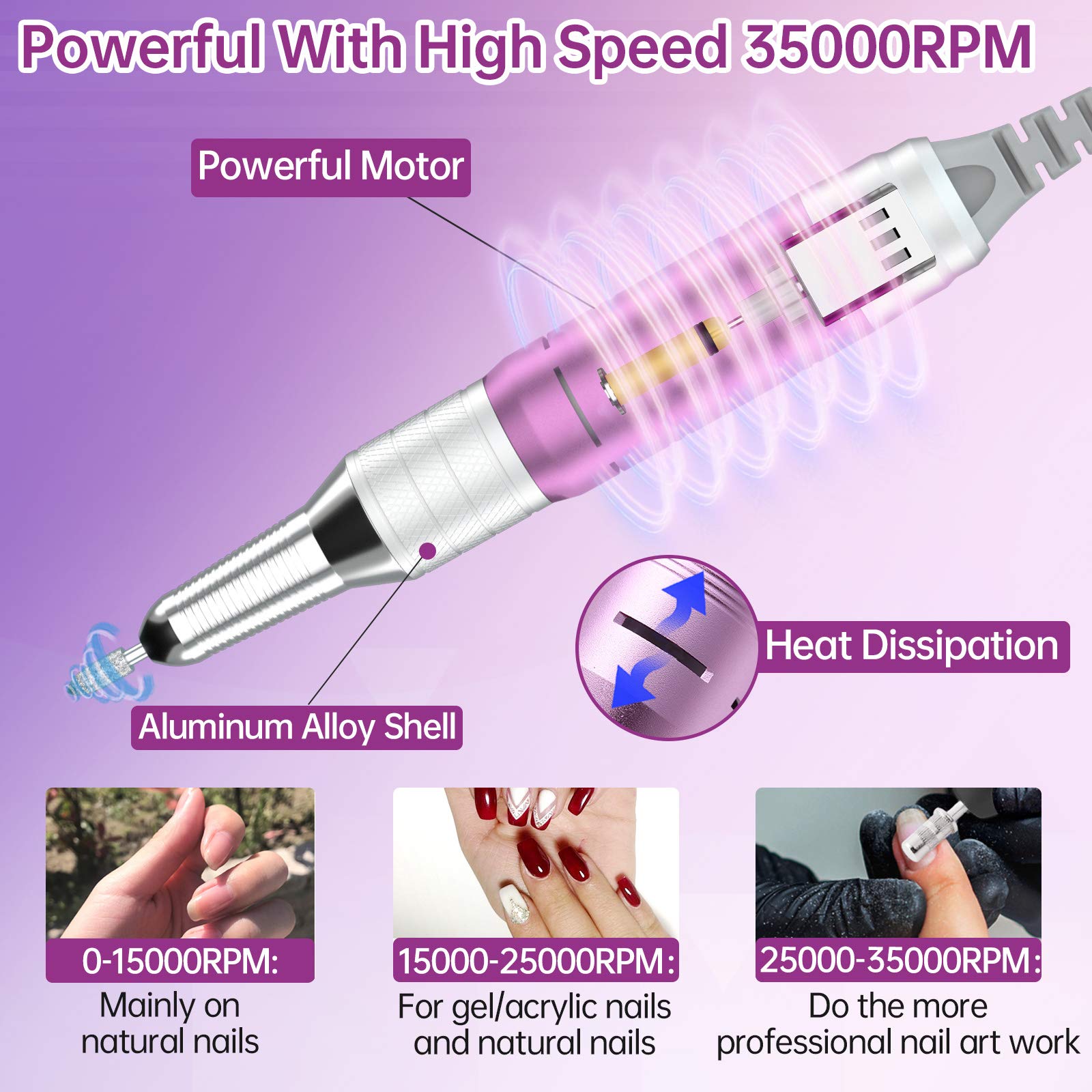 Delanie Professional Nail Drill High Torque 35000 RPM Rechargeable Portable Electric Nail File for Acrylic & Gel, High Speed, Low Heat, Low Vibration (7 colors )