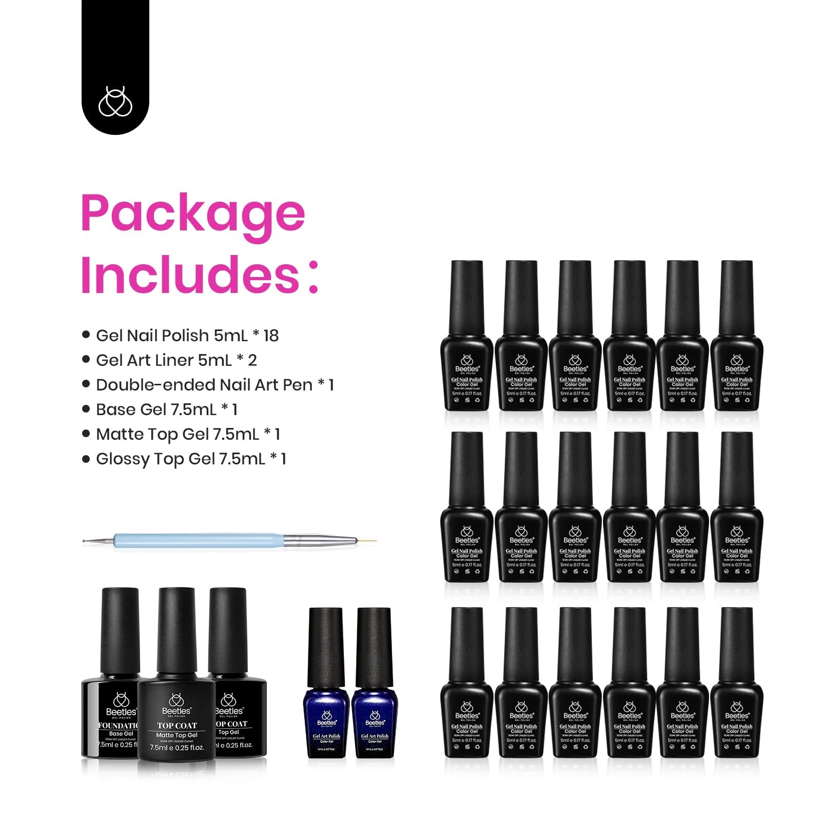 16 diff packs . Beetles GelNail Polish Kit, 20 Colors Soak Off Gel Polish with 1 Base Coat 1 Glossy & 1 Matte Top Coat