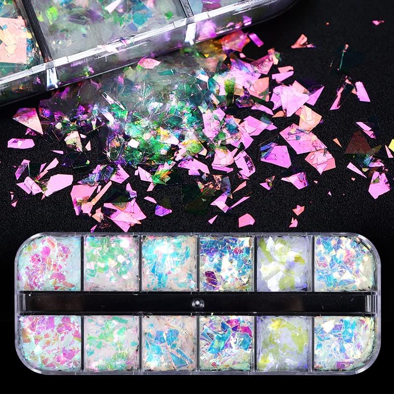 Holographic Mermaid Nail Art Glitter Flakes JMEOWIO 12 Grids Gradient Bright Iridescent Ice Slag Nail Sequins Paillettes Summer Nail Art Decoration for Women Girls