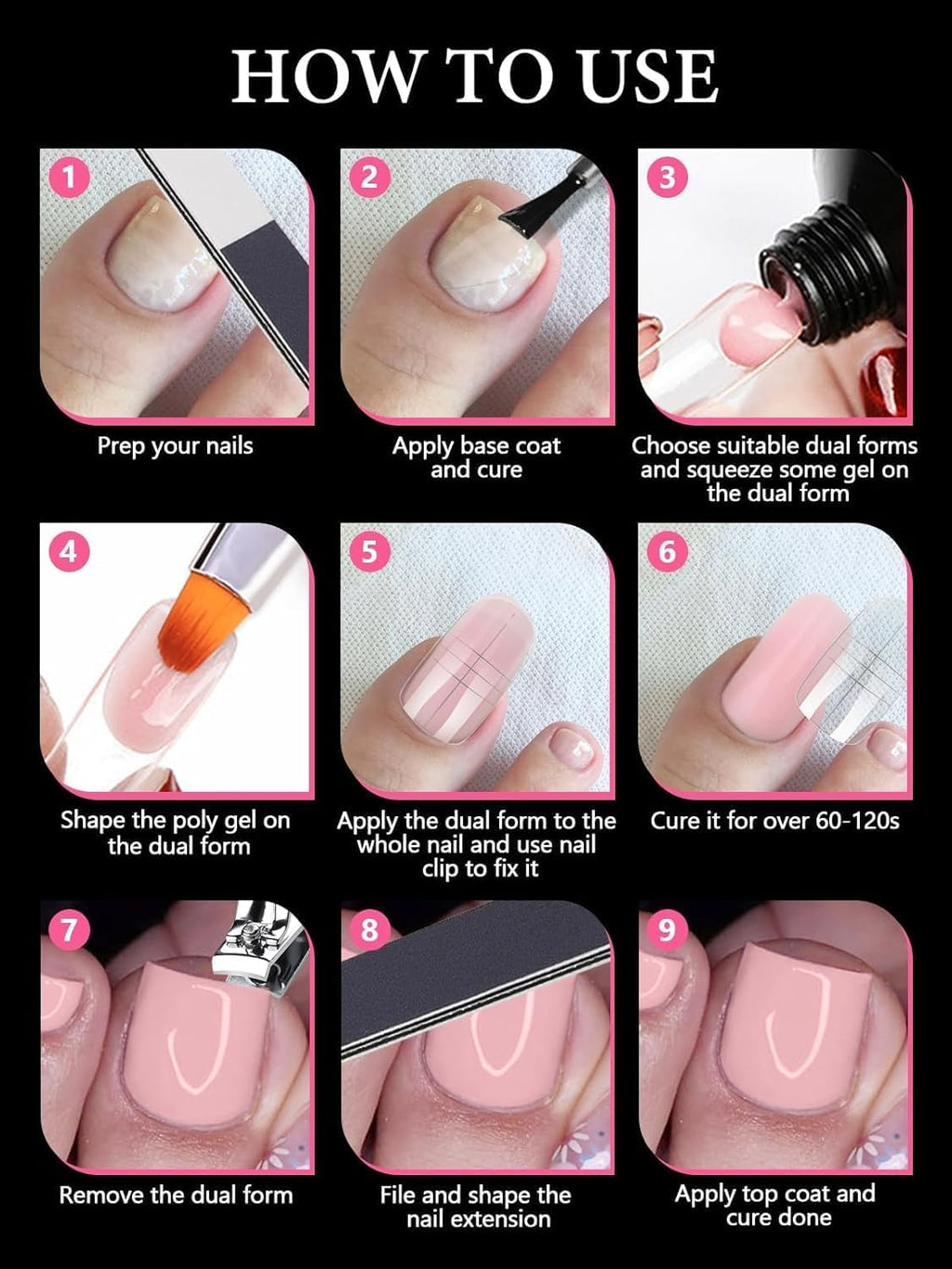 EBANKU 120 PCS Poly Gel Nail Forms for Toes with 75ml Slip Solution, Long Square Dual Forms for Polygel Pedi Nail Extension Poly Gel Toenails Set