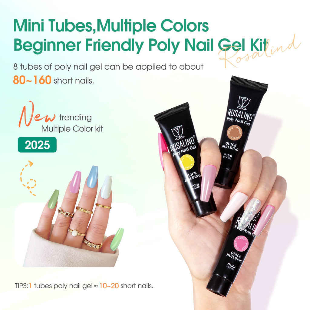 ROSALIND MINI Poly Nail Gel Kit, 8 Colors 0.34oz Each Tube Poly Nails Gel Starter Kit with Slip Solution and Mini UV Lamp, Clear Nude Purple Gels Extension Set