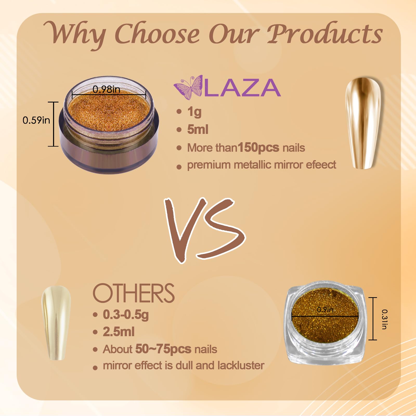 Laza Chrome Nail Powder Mirror Effect Metallic 6 diff colors