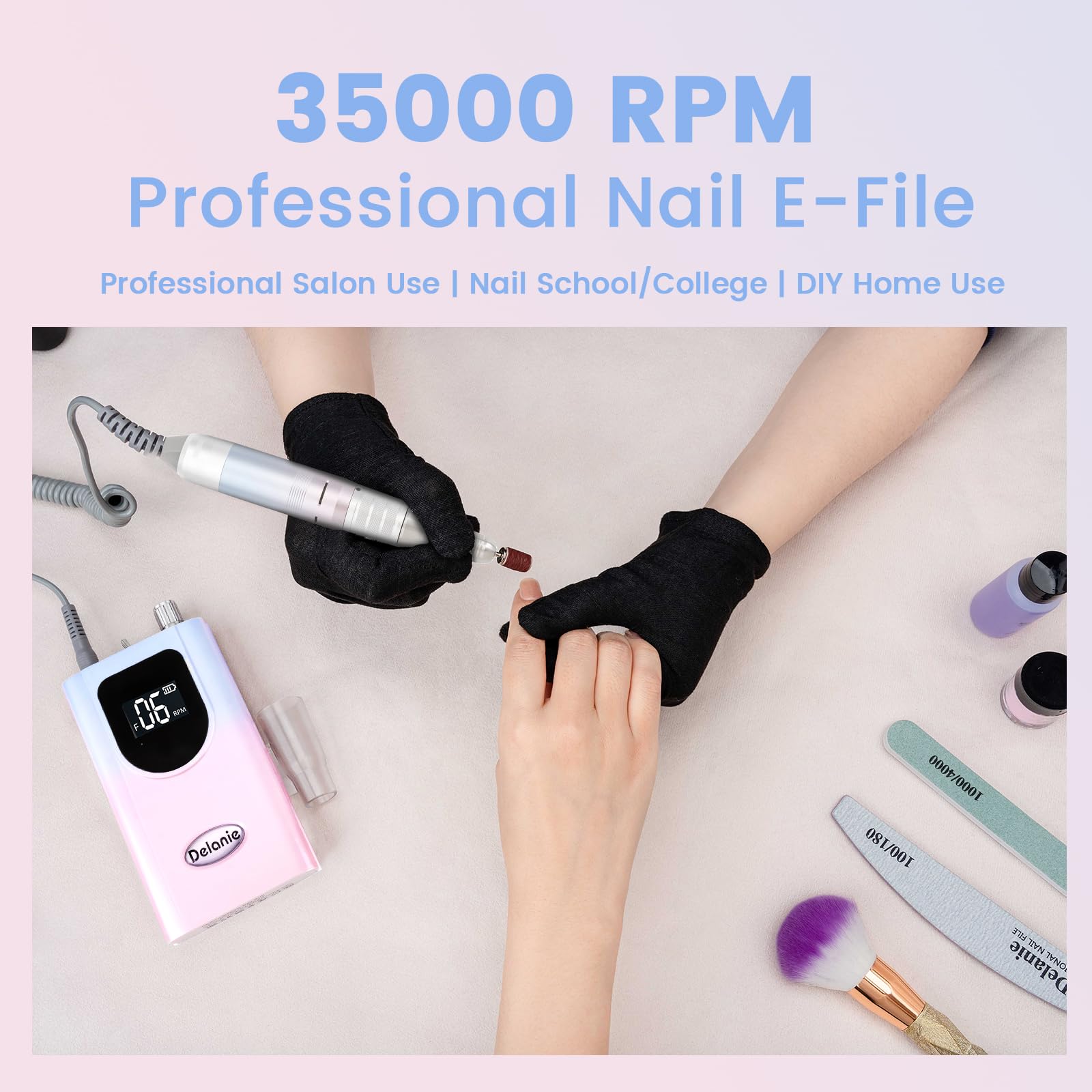 Delanie Professional Nail Drill High Torque 35000 RPM Rechargeable Portable Electric Nail File for Acrylic & Gel, High Speed, Low Heat, Low Vibration (7 colors )