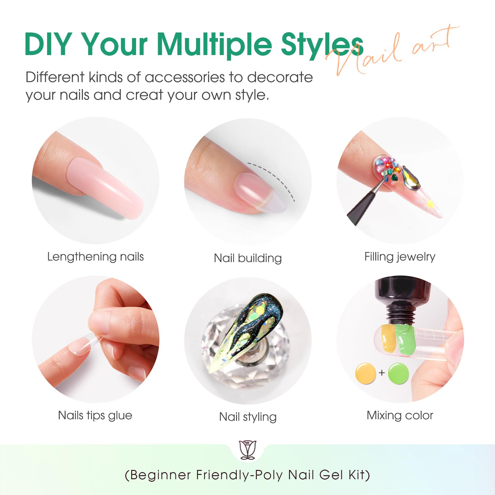 ROSALIND 4 diffr=erent packs . MINI Poly Nail Gel Kit, 8 Colors 0.34oz Each Tube. Starter Kit with Slip Solution and Mini UV Lamp, Clear Nude Purple Gels Extension Set