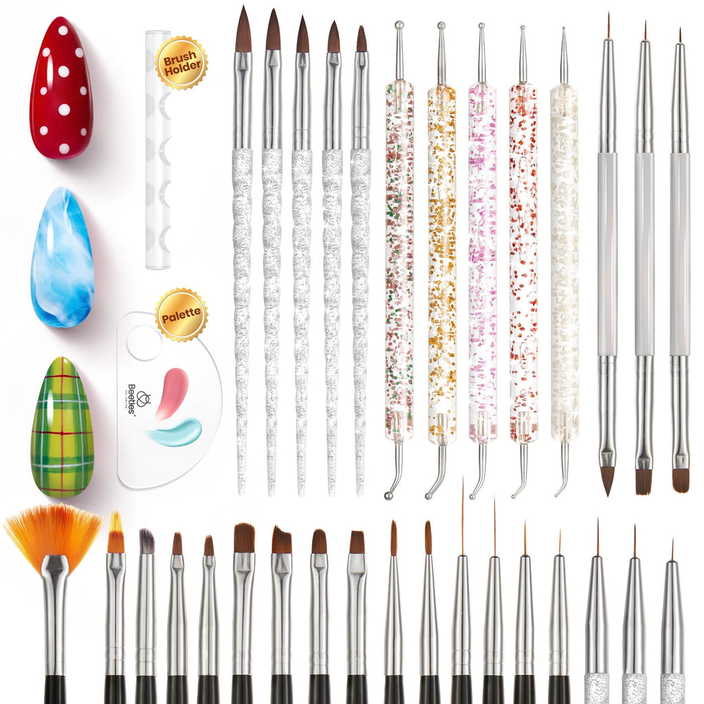 Beetles (5 diff packs ) Nail Art Brushes, Dotting Tools, Nail Art Pens, Dust Brush, Striping Liner Fingernail Drawing Pens with Palette Holder