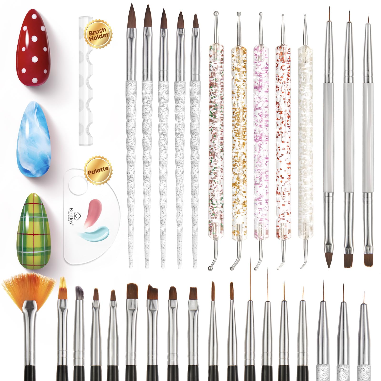 Beetles (5 diff packs ) Nail Art Brushes, Dotting Tools, Nail Art Pens, Dust Brush, Striping Liner Fingernail Drawing Pens with Palette Holder