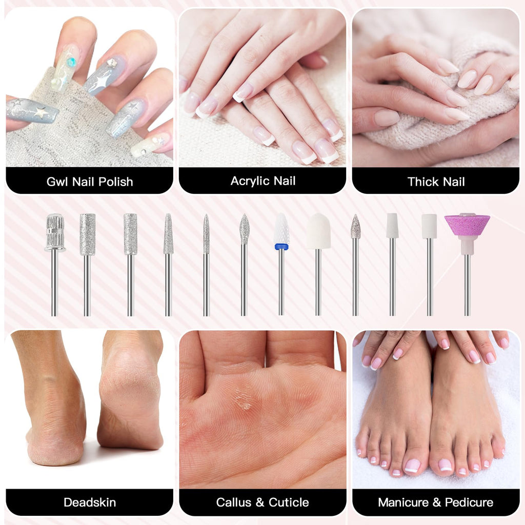 HEBECA Cordless Nail Drill Set - Professional Electric Nail File with 12 Drill Bits 26 Sanding Bands for Natural or Acrylic Gel Nails -Rechargeable.