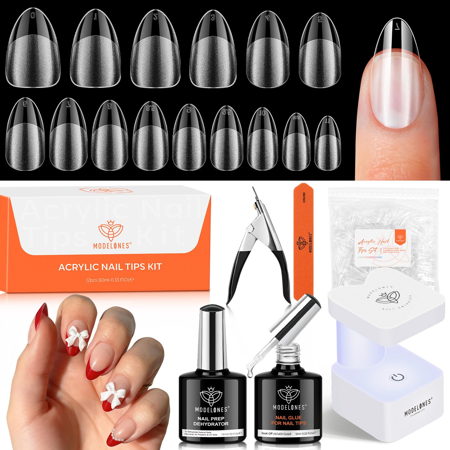modelones Nail Tips and Glue Gel Nail Kit  (3 diff shapes/packs)Prep Dehydrator 500Pcs Nails Tips 10Sizes Innovative LED Nail Lamp