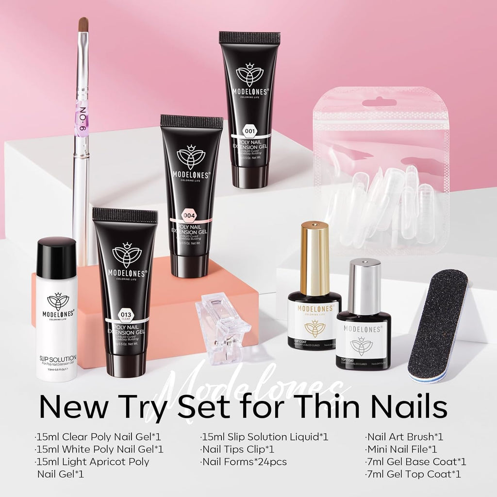 Modelones Poly Gel Nail Kit 3 Colors Clear White Apricot with Slip Solution Dual Nail Forms Top Base Coat Extension Builder Gel Enhancement Professional Starter Kit DIY Nail Art Salon Use