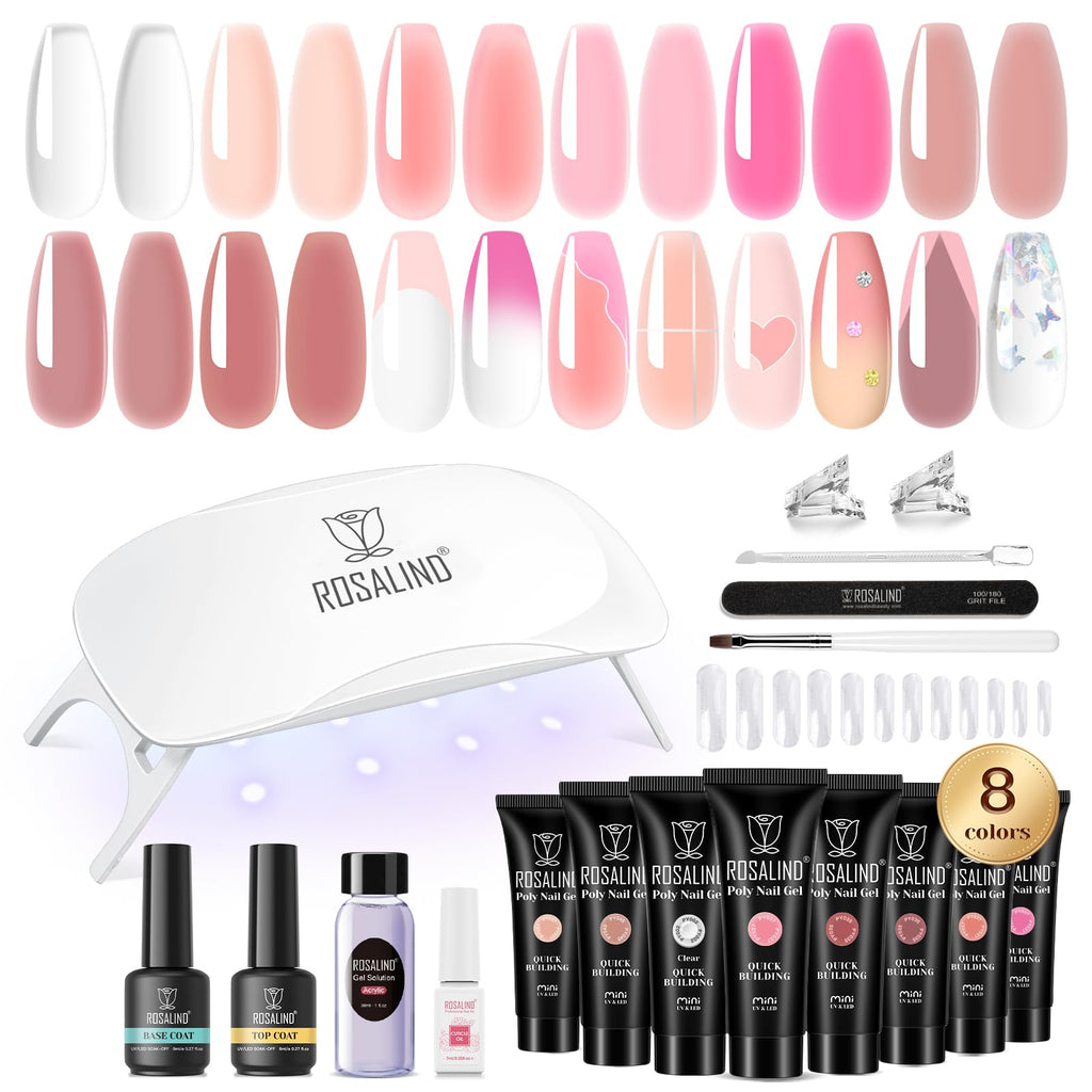 ROSALIND MINI Poly Nail Gel Kit, 8 Colors 0.34oz Each Tube Poly Nails Gel Starter Kit with Slip Solution and Mini UV Lamp, Clear Nude Purple Gels Extension Set