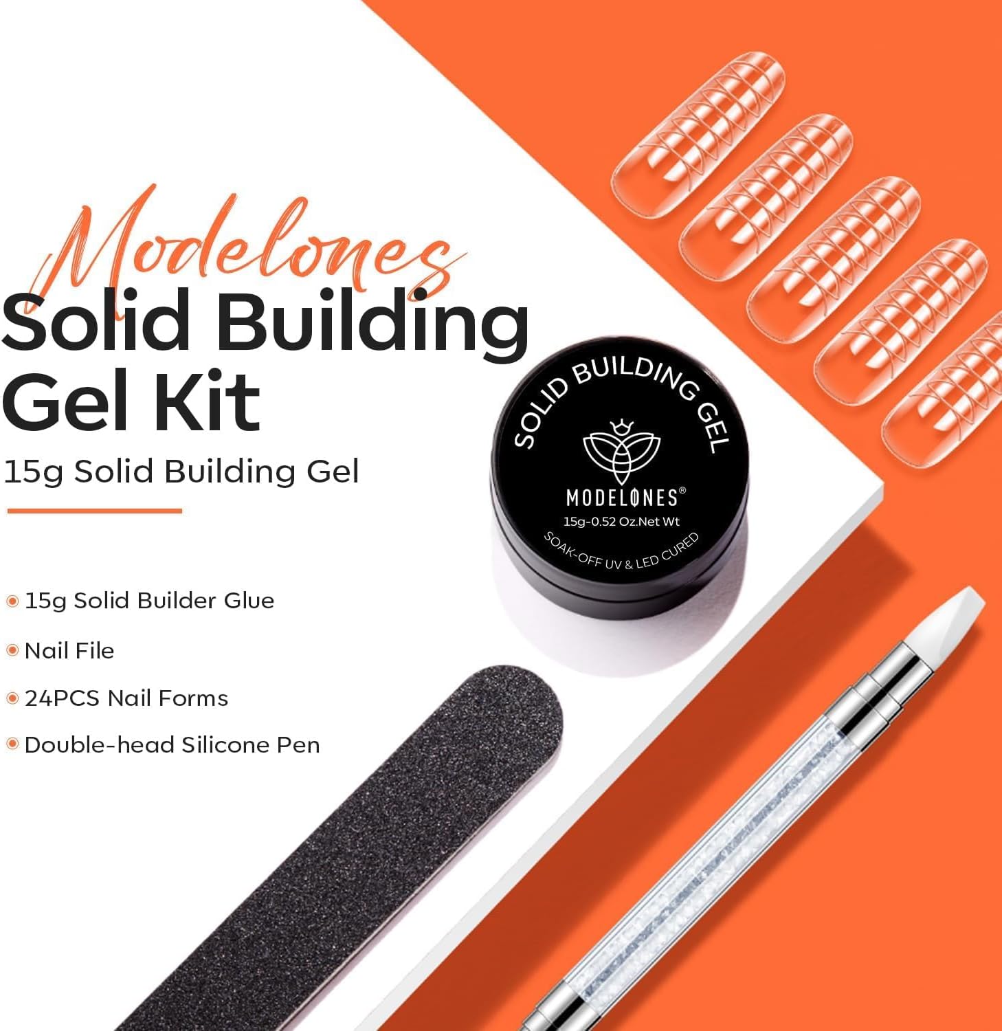 Modelones Builder Nail Gel - 15g Clear Solid Builder Gel for Nails, Nail Extension, 3D Sculpting Gel for Nail Art .Set with Nail Forms and Silicone Pen