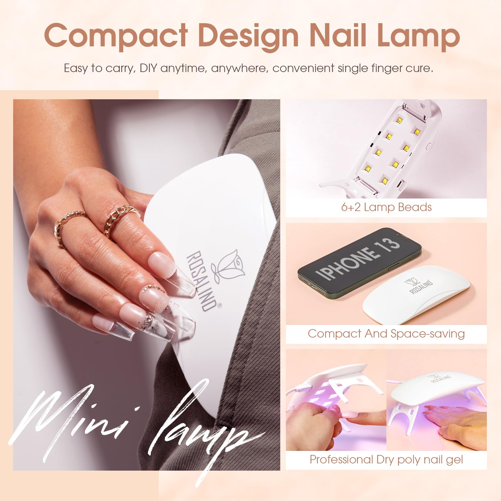 ROSALIND MINI Poly Nail Gel Kit, 8 Colors 0.34oz Each Tube Poly Nails Gel Starter Kit with Slip Solution and Mini UV Lamp, Clear Nude Purple Gels Extension Set