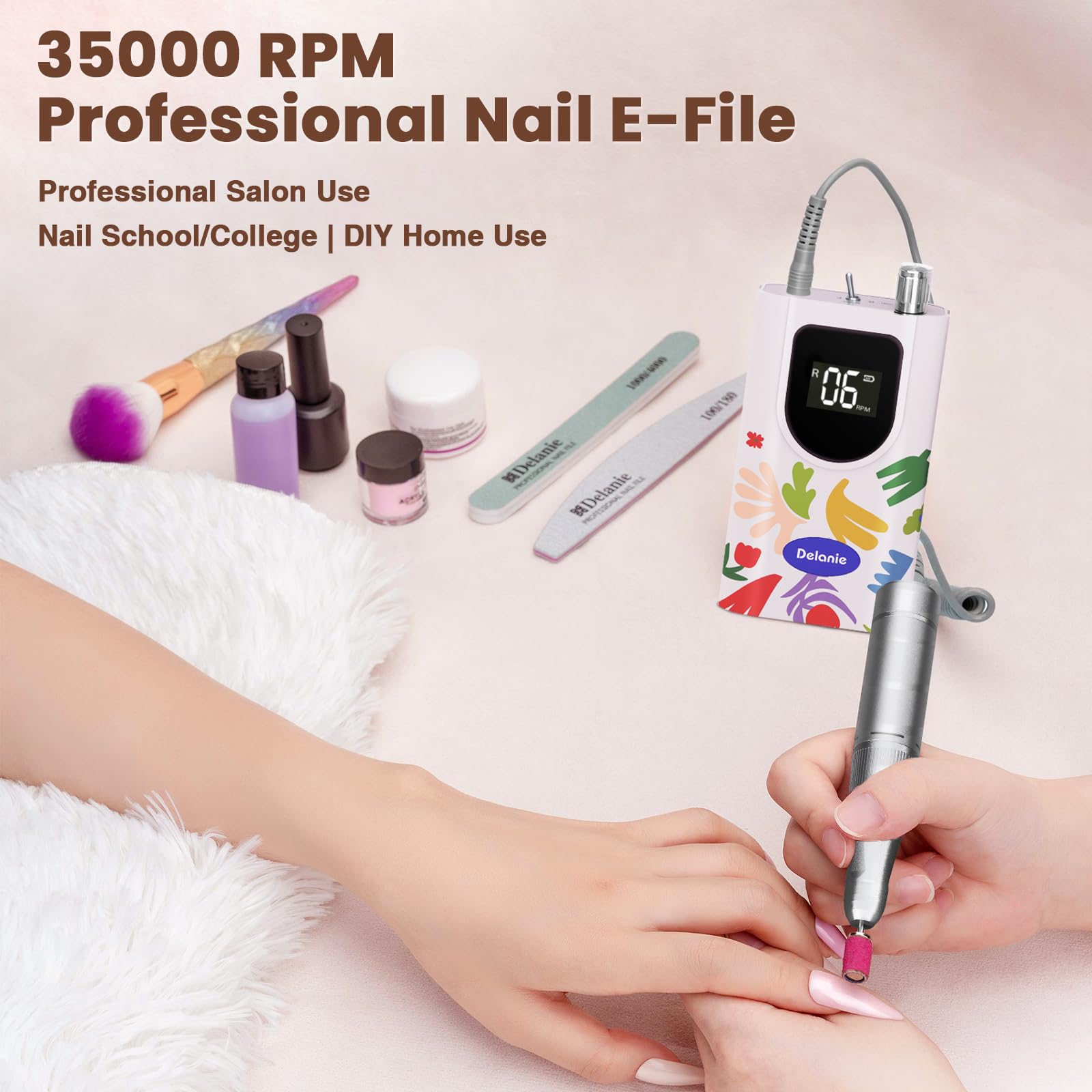 Delanie Professional Nail Drill High Torque 35000 RPM Rechargeable Portable Electric Nail File for Acrylic & Gel, High Speed, Low Heat, Low Vibration (7 colors )