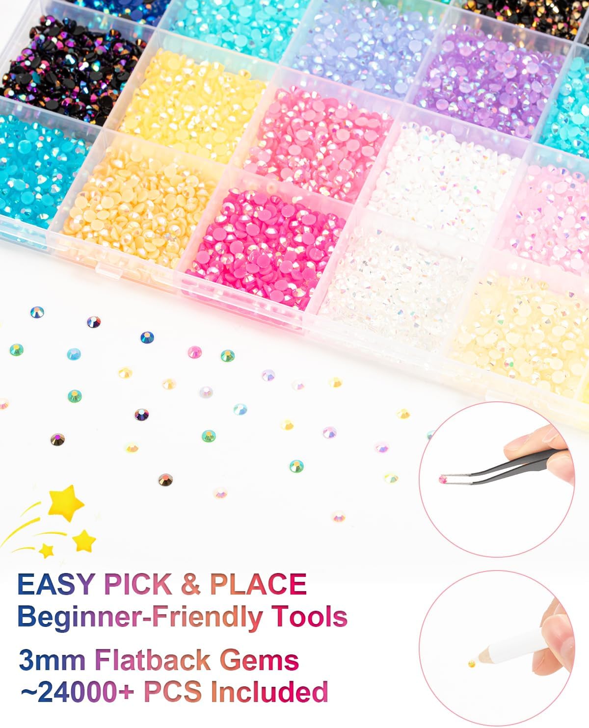24 Colors Rhinestones, 24000+pcs Bedazzle Kit, 3mm Flatback Gems