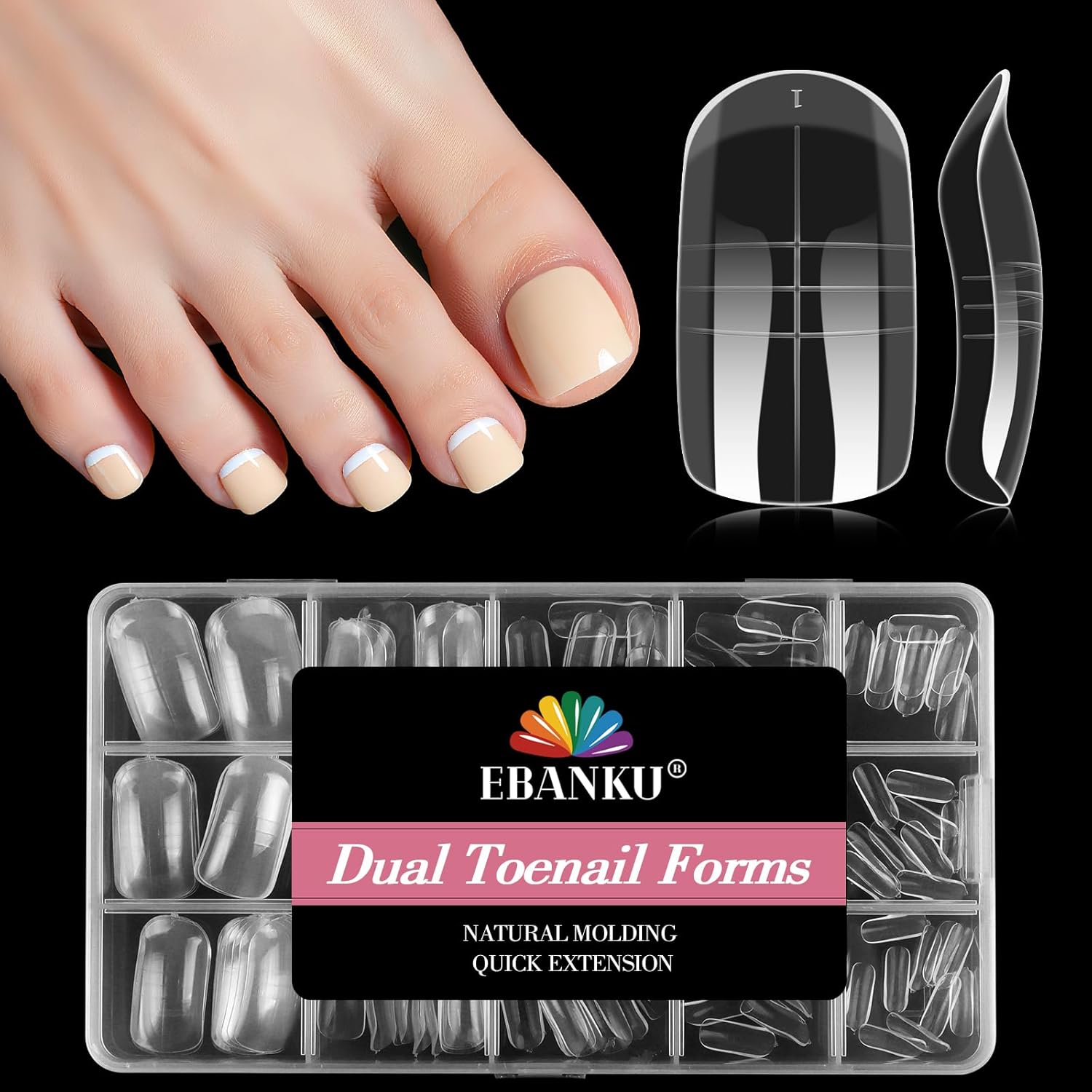 EBANKU 120 PCS Poly Gel Nail Forms for Toes with 75ml Slip Solution, Long Square Dual Forms for Polygel Pedi Nail Extension Poly Gel Toenails Set