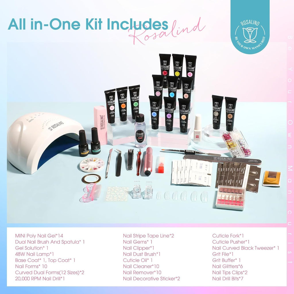 4 different packs ROSALIND Poly Nail Gel Kit with Drill -14 Colors. with U V Lamp Slip Solution and Electric Nail Drill Starter Kit, 0.34 oz/10 ml