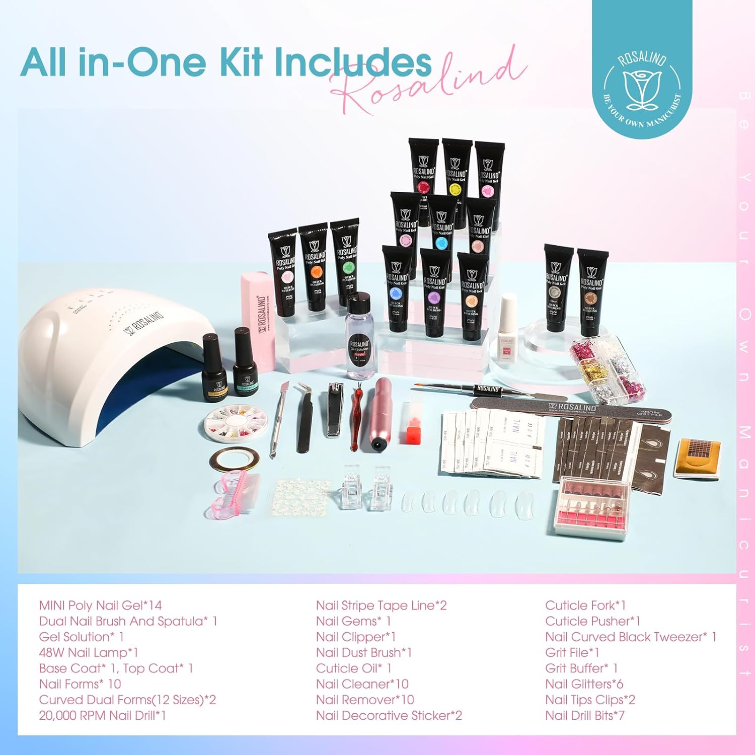 4 different packs ROSALIND Poly Nail Gel Kit with Drill -14 Colors. with U V Lamp Slip Solution and Electric Nail Drill Starter Kit, 0.34 oz/10 ml