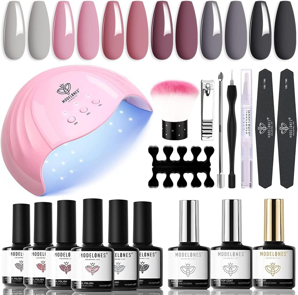 Modelones Gel Nail Polish Kit with U V Light 48W Nail Dryer Lamp Pink Brown Nude Gel Nail Polish Set, Soak Off Base and Top Coat, Nail Tools, French Manicure Design Nail Art Starter Kit Mother's Day Gift for Women