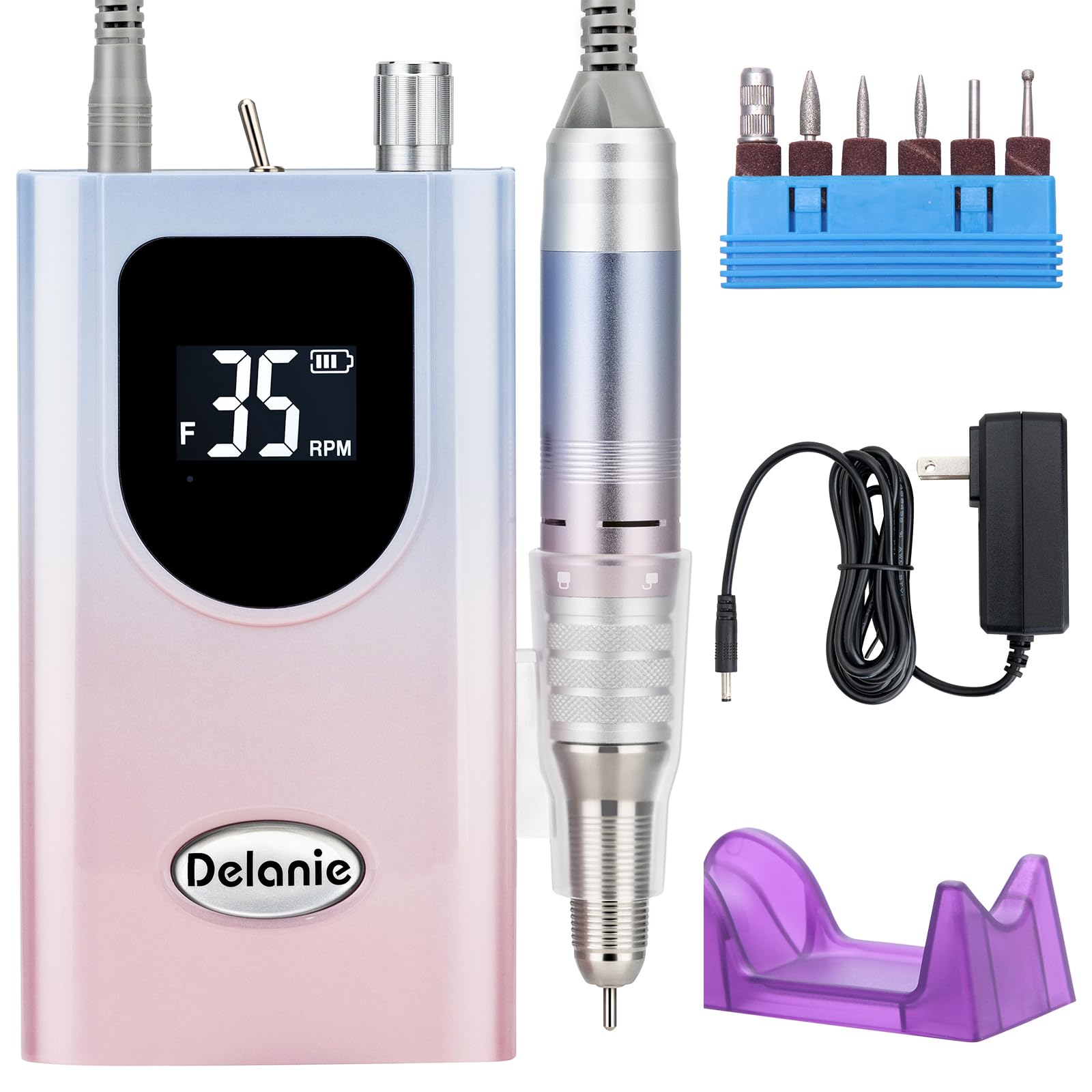 Delanie Professional Nail Drill High Torque 35000 RPM Rechargeable Portable Electric Nail File for Acrylic & Gel, High Speed, Low Heat, Low Vibration (7 colors )