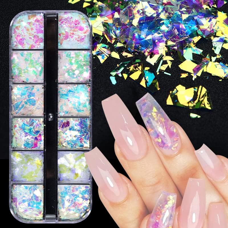 Holographic Mermaid Nail Art Glitter Flakes JMEOWIO 12 Grids Gradient Bright Iridescent Ice Slag Nail Sequins Paillettes Summer Nail Art Decoration for Women Girls