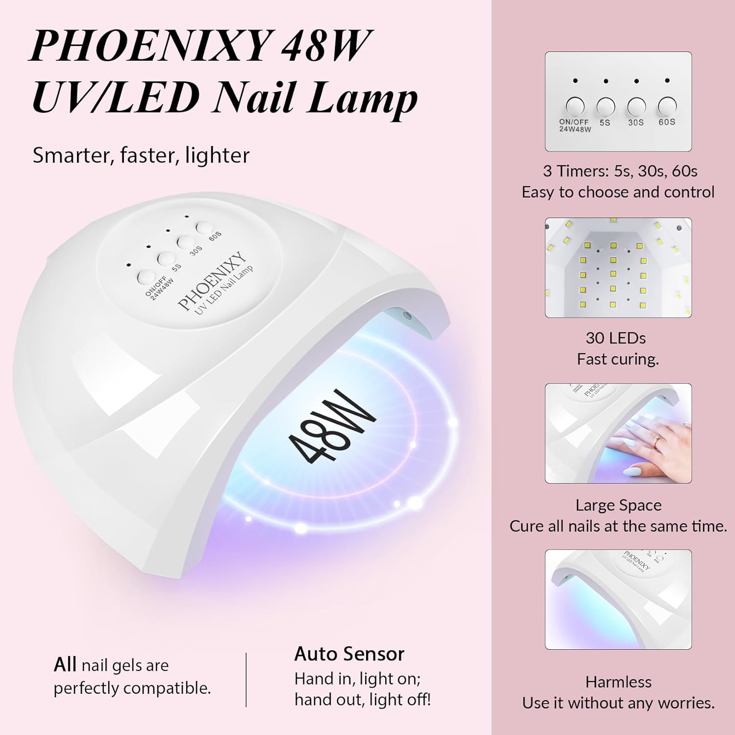 PHOENIXY 56 Pcs 108 Effect Gel Nail Polish with U V Light 48W Base Glitter Top Coat Kit