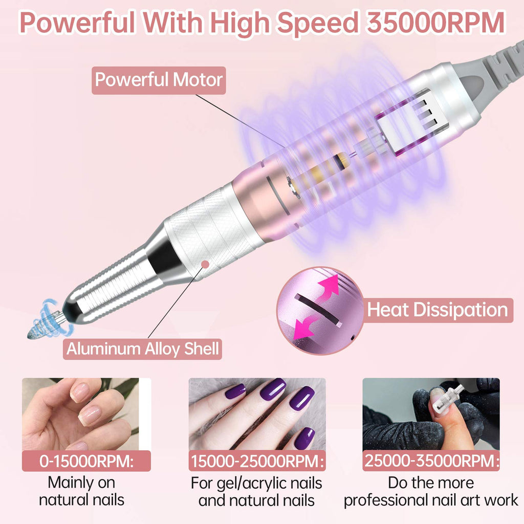 Delanie Professional Nail Drill High Torque 35000 RPM Rechargeable Portable Electric Nail File for Acrylic & Gel, High Speed, Low Heat, Low Vibration (7 colors )