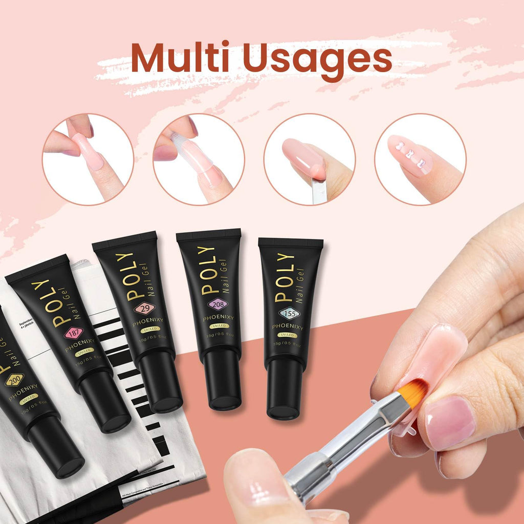 7 different packs . Phoenixy Poly Nail Gel Kit 6 Colors Pink Nude with Sliver Gold Glitter Poly Extension Gel 15 ml