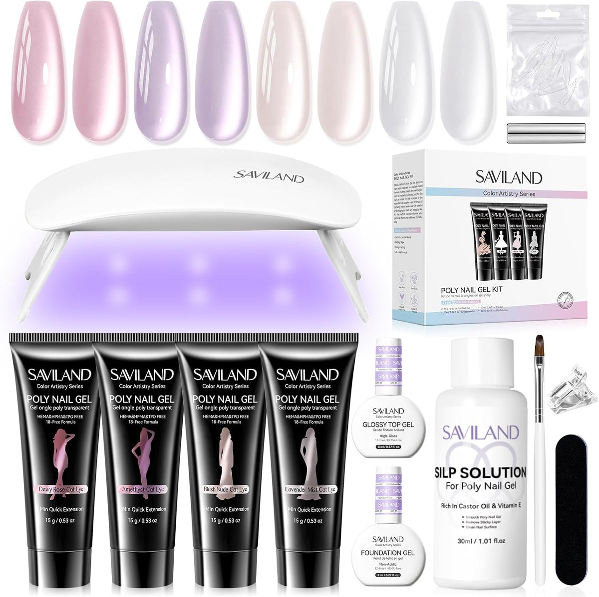 SAVILAND Cat-Eye Poly Nail Gel Kit, 4 Colors with UV Lamp