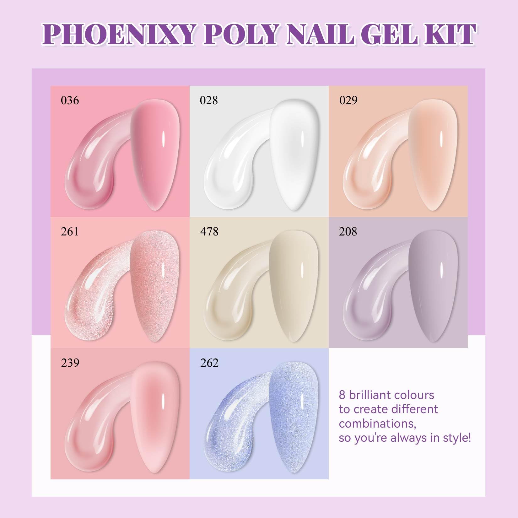 7 different packs . Phoenixy Poly Nail Gel Kit 6 Colors Pink Nude with Sliver Gold Glitter Poly Extension Gel 15 ml