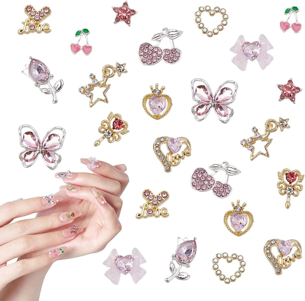 24PCS Rhinestone Nails Charm, 3D Heart Star Bow Cherry Butterfly