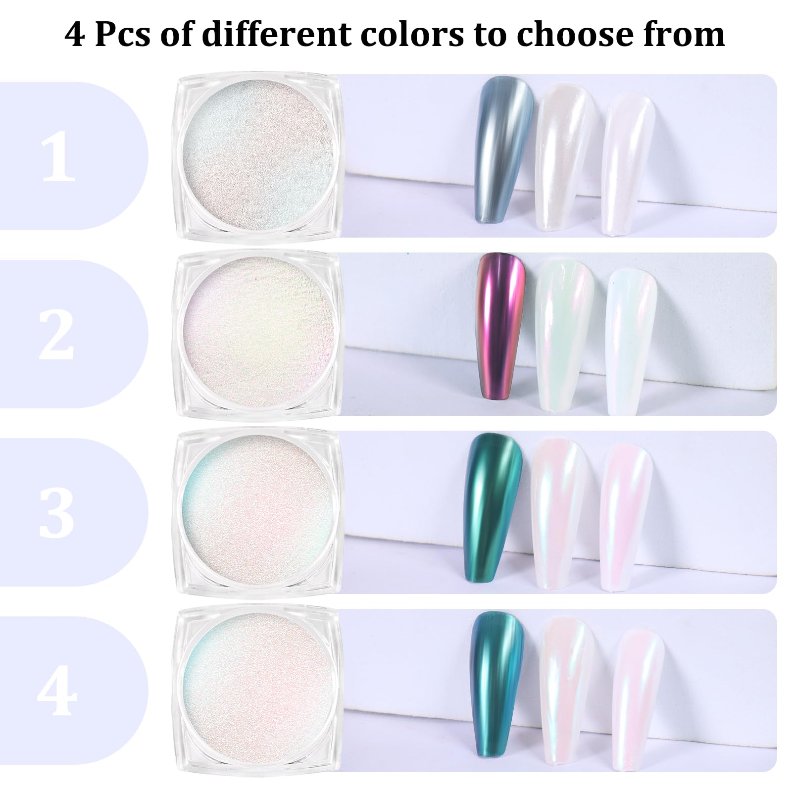 SIUSIO 4Colors Chrome Nail Powder Metallic Mirror Effect Pigment Iridescent Aurora, Mermaid Pearl Dust Kit