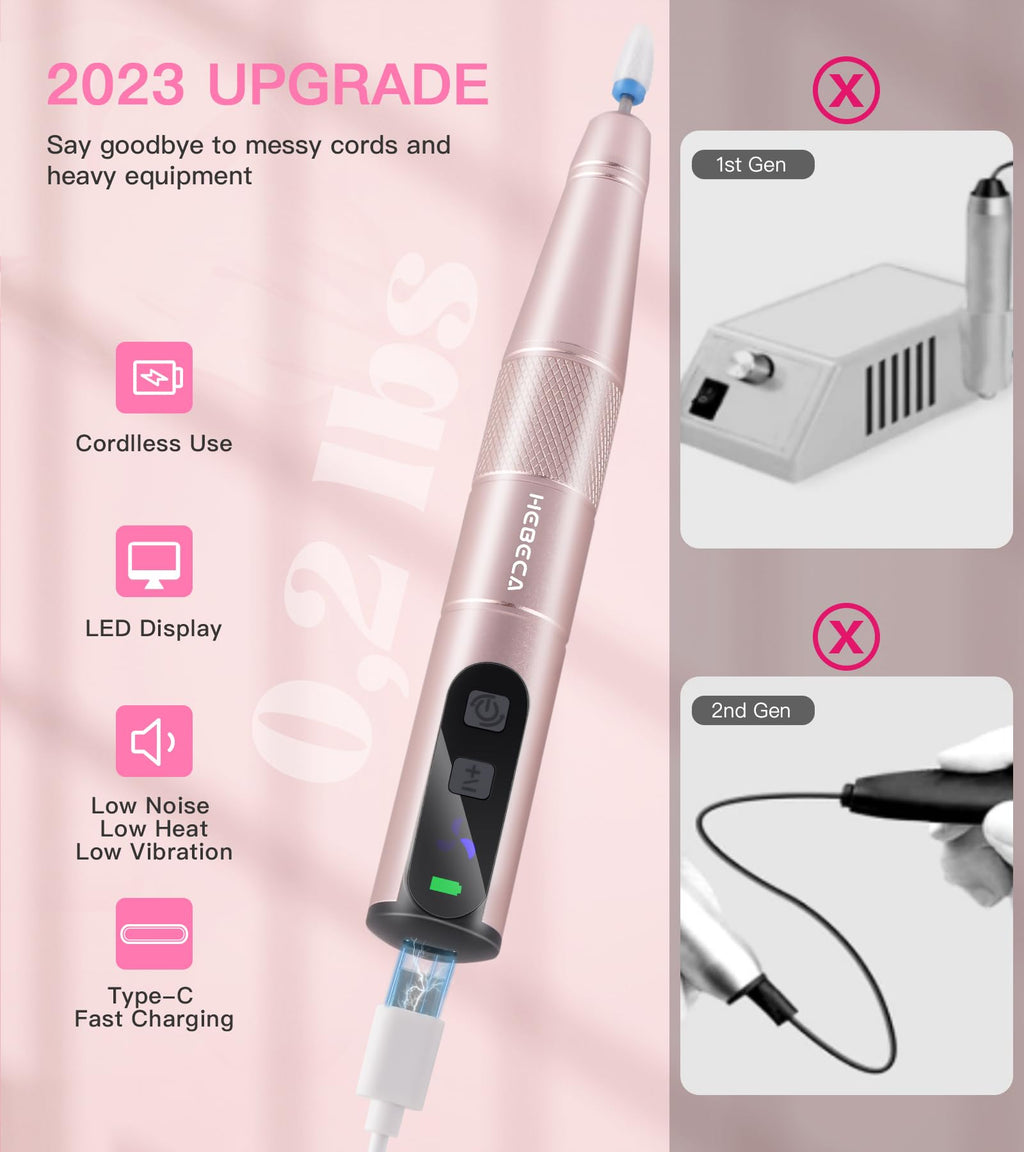 HEBECA Cordless Nail Drill Set - Professional Electric Nail File with 12 Drill Bits 26 Sanding Bands for Natural or Acrylic Gel Nails -Rechargeable.