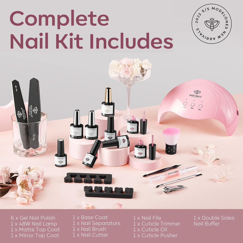 Modelones Gel Nail Polish Kit with U V Light 48W Nail Dryer Lamp Pink Brown Nude Gel Nail Polish Set, Soak Off Base and Top Coat, Nail Tools, French Manicure Design Nail Art Starter Kit Mother's Day Gift for Women