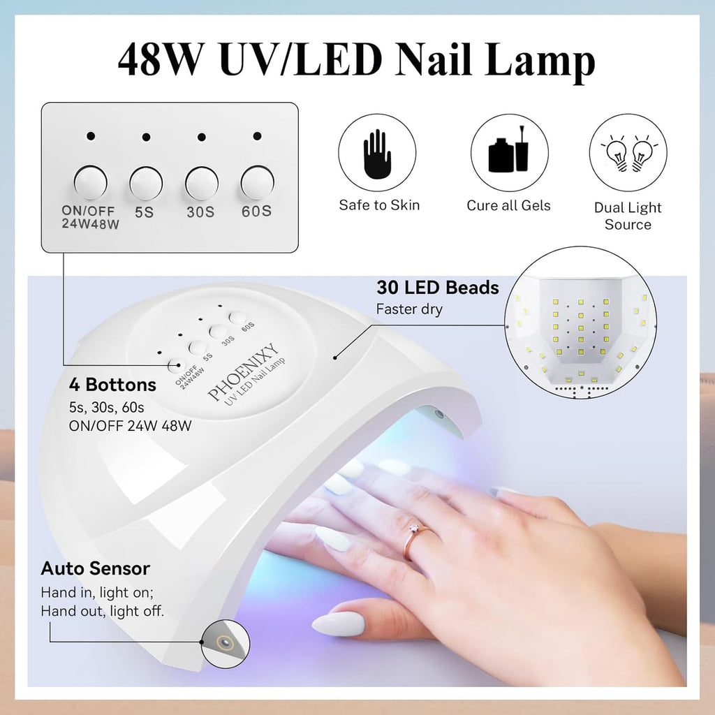 PHOENIXY 56 Pcs 108 Effect Gel Nail Polish with U V Light 48W Base Glitter Top Coat Kit