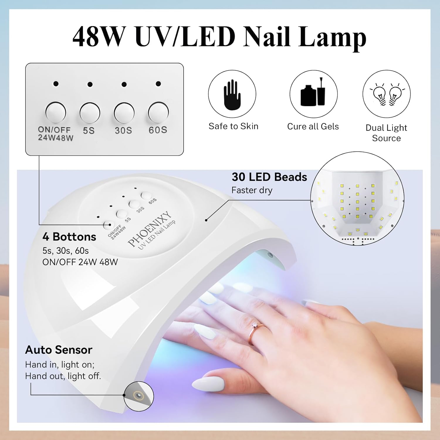 PHOENIXY 56 Pcs 108 Effect Gel Nail Polish with U V Light 48W Base Glitter Top Coat Kit