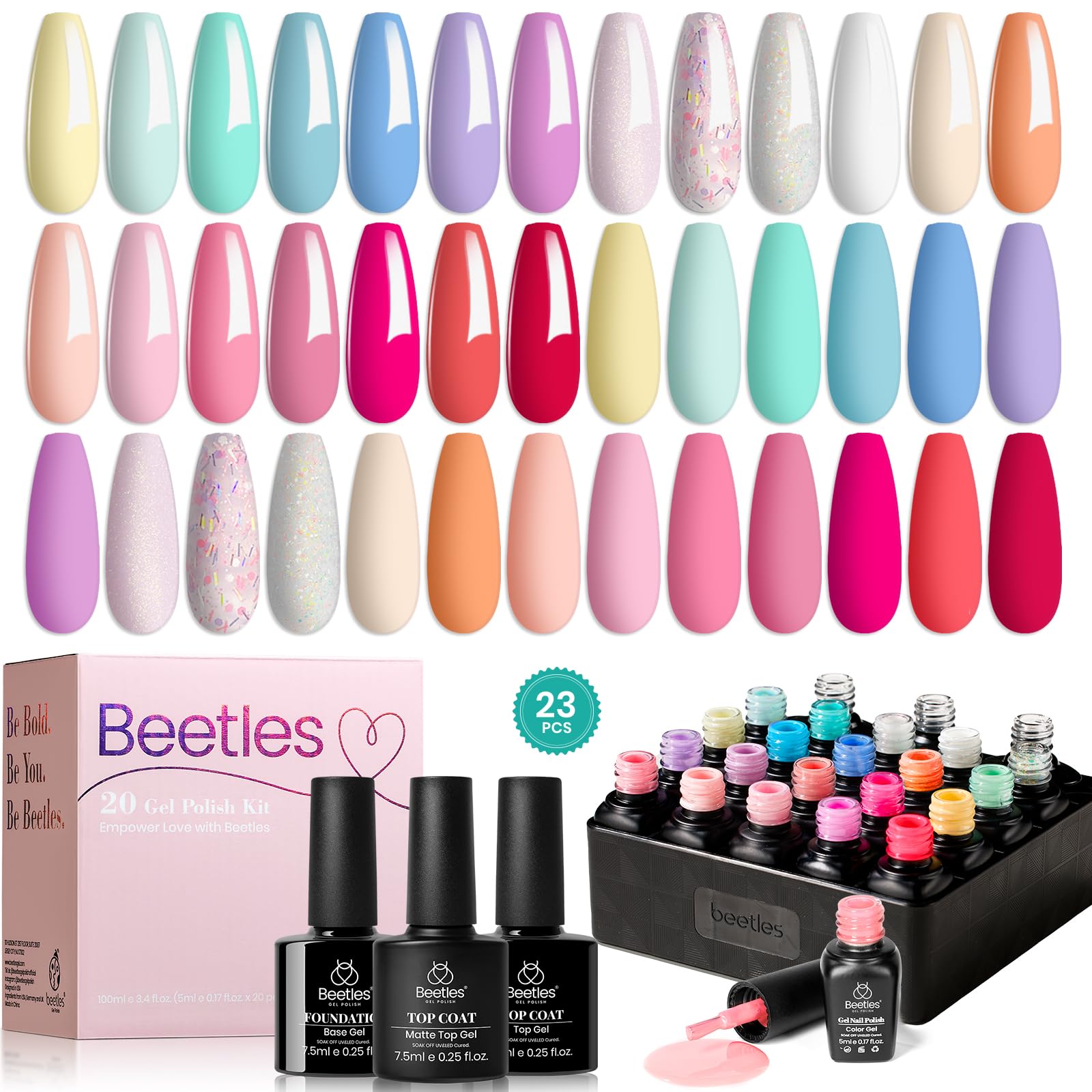 116 diff packs . Beetles GelNail Polish Kit, 20 Colors Soak Off Gel Polish with 1 Base Coat 1 Glossy & 1 Matte Top Coat