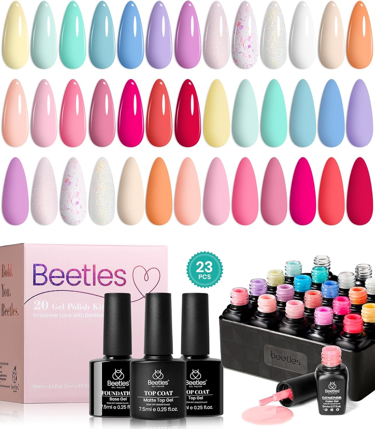 Beetles Gel Nail Polish Kit, ( 16 diff combinations and prices) 20 Colors Soak Off Gel Polish with 1 Base Coat 1 Glossy & 1 Matte Top Coat