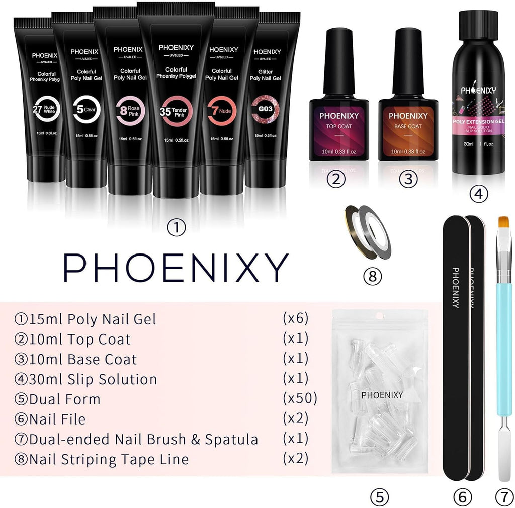 7 different packs . Phoenixy Poly Nail Gel Kit 6 Colors Pink Nude with Sliver Gold Glitter Poly Extension Gel 15 ml