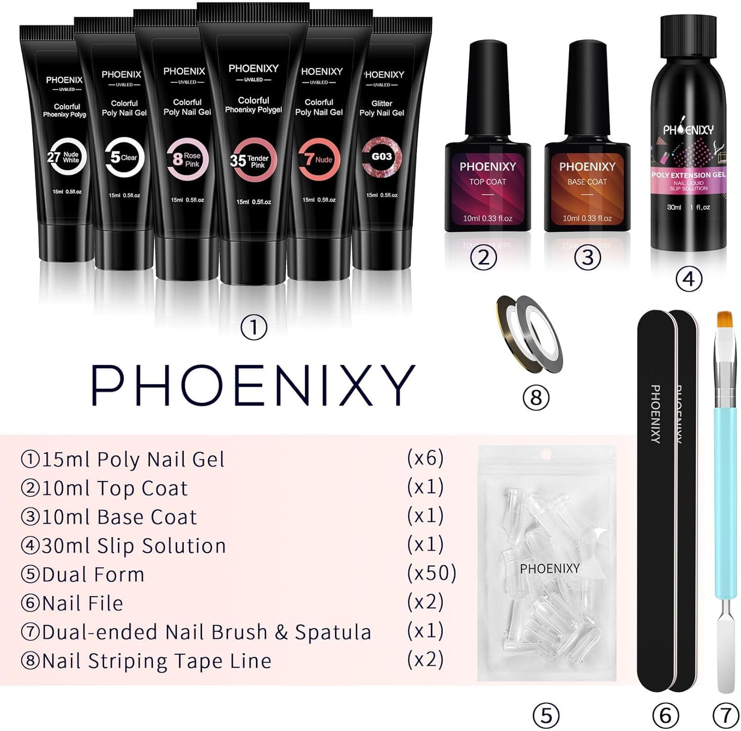7 different packs . Phoenixy Poly Nail Gel Kit 6 Colors Pink Nude with Sliver Gold Glitter Poly Extension Gel 15 ml