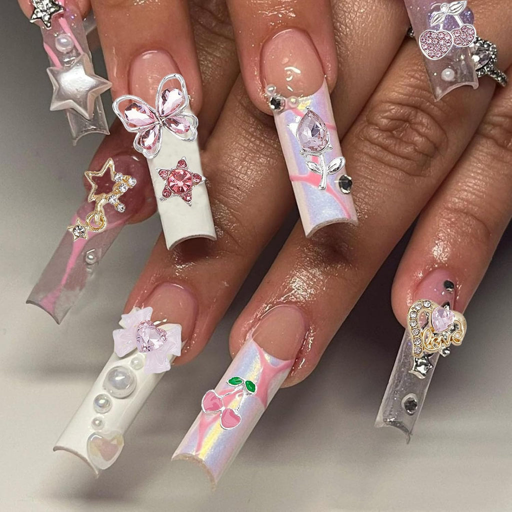 24PCS Rhinestone Nails Charm, 3D Heart Star Bow Cherry Butterfly