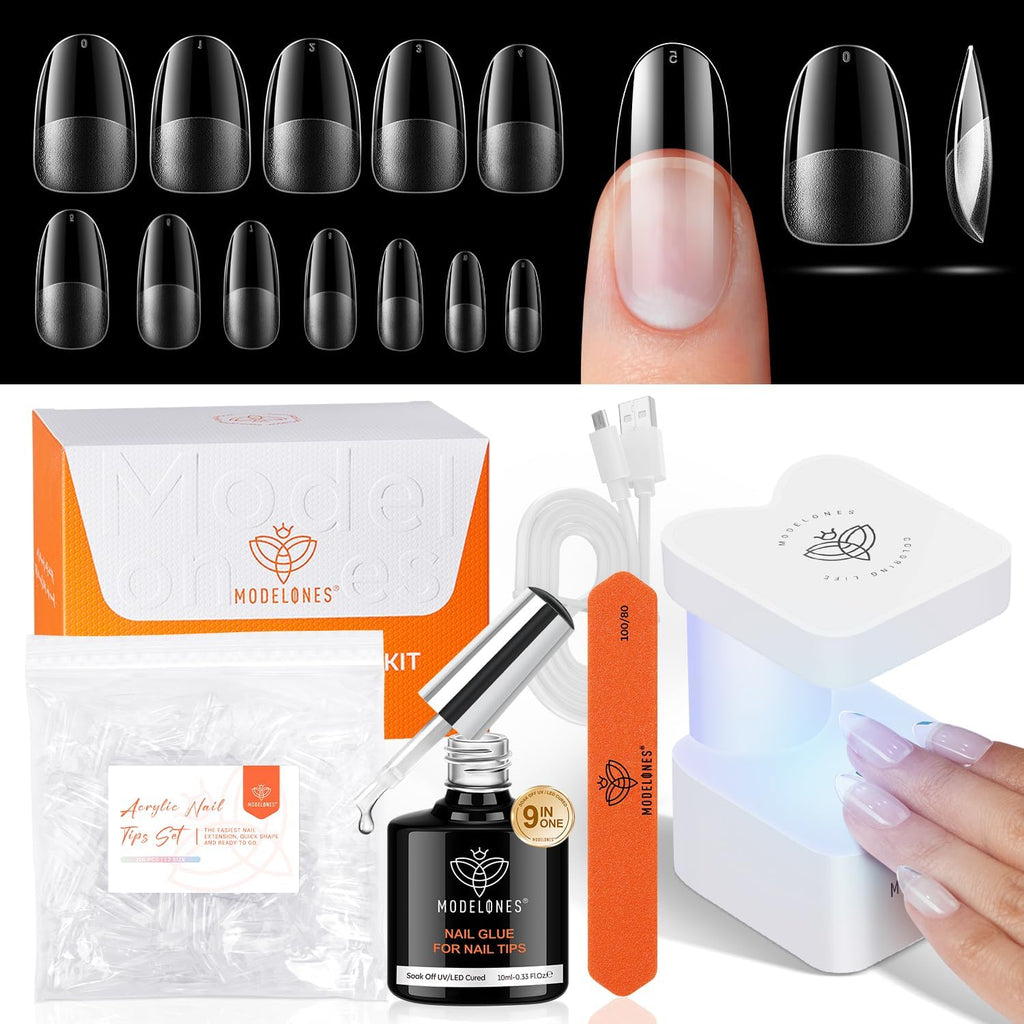 modelones Gel Nail Kit,  Nail Tips Medium Coffin Shape, 9-in-One Nail Glue & Portable U V Nail Lamp, 216Pcs 12Sizes P Nails Tip Nail Extension