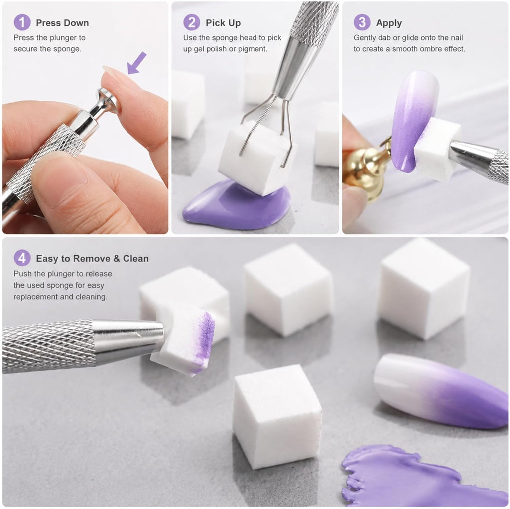 Yaya Nails Soft Nail Sponges for Ombre Nail Art, 200 PCS, with Grabbing Pen, Nail Art Palette and Mixing Spatula