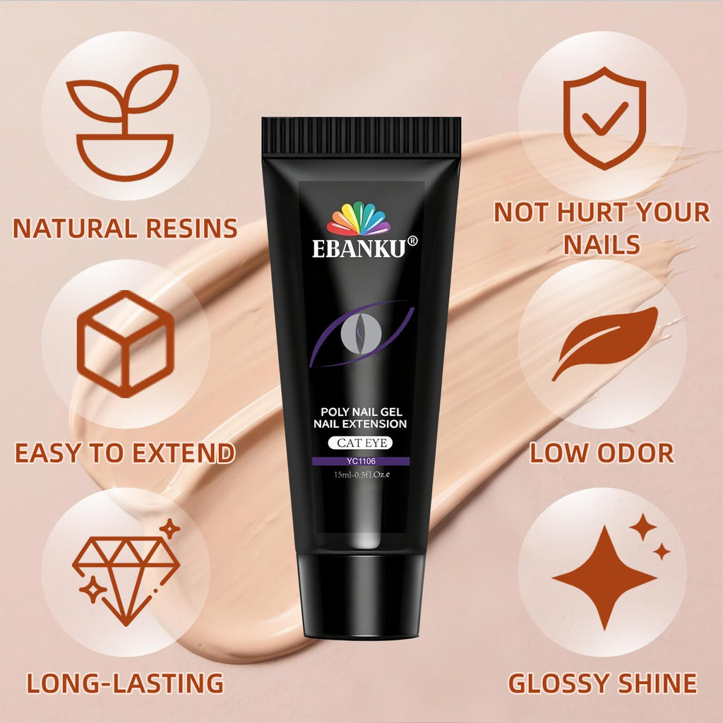 Poly Gel Nail Kit, EBANKU Cat Eye Poly Nail Gel Pink Purple Gold Glitter Magnetic Builder