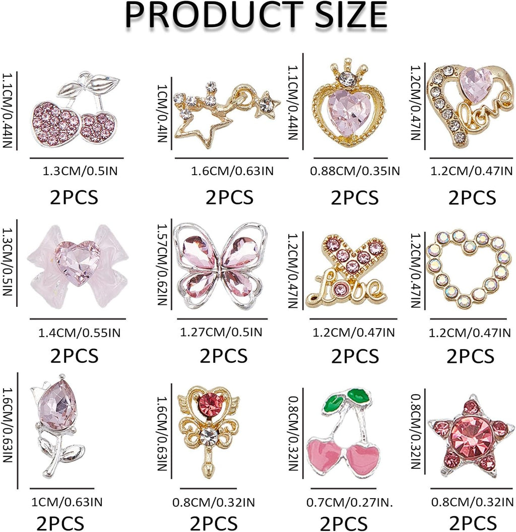 24PCS Rhinestone Nails Charm, 3D Heart Star Bow Cherry Butterfly