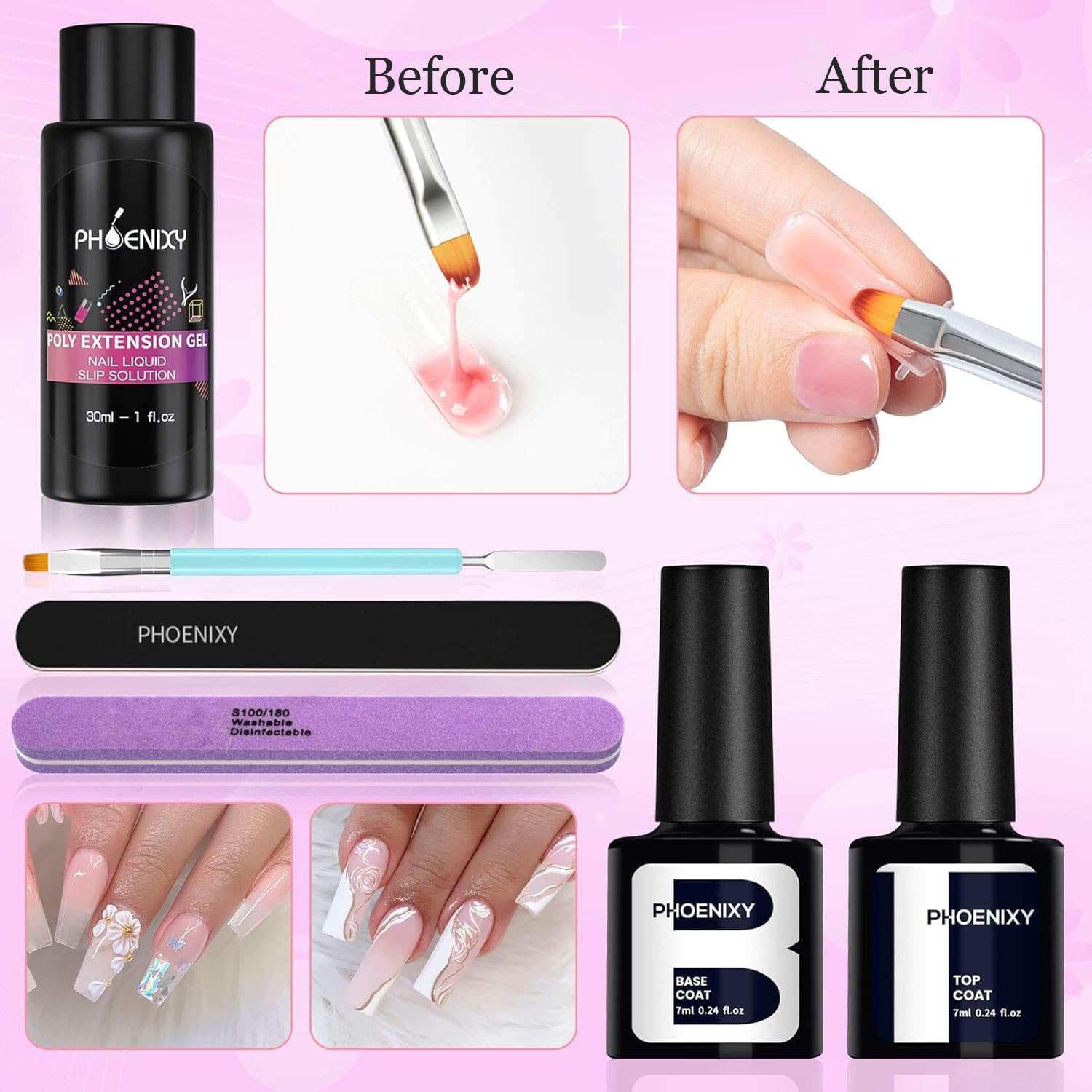 7 different packs . Phoenixy Poly Nail Gel Kit 6 Colors Pink Nude with Sliver Gold Glitter Poly Extension Gel 15 ml