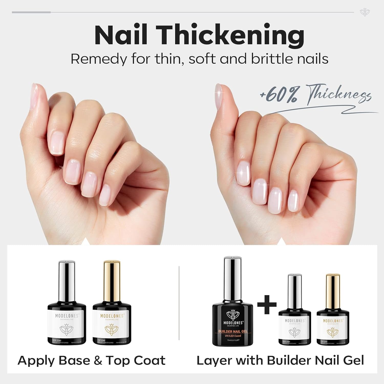 modelones Builder Nail Gel with Gel Top and Base Coat, 3Pcs . Nail Thickening .Apex Building. Nail Extension .Rhinestone Gel Nail Glue, LED Nail Lamp Cured