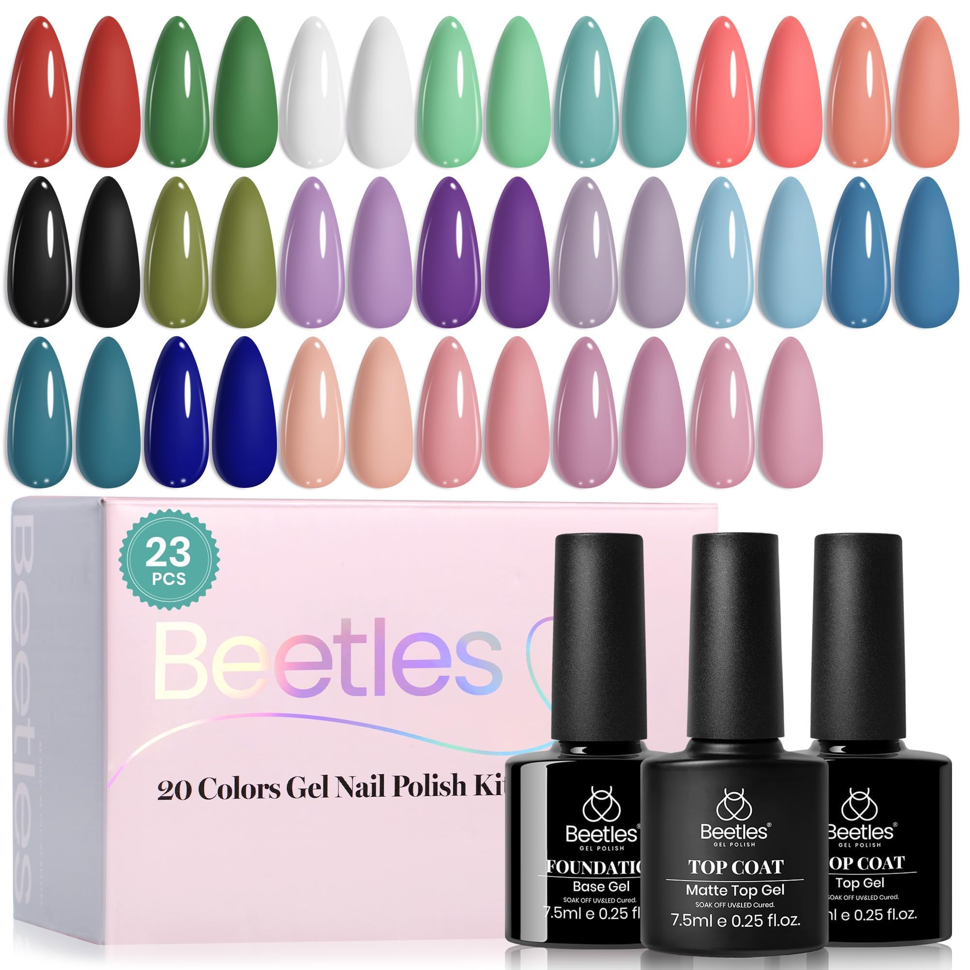 116 diff packs . Beetles GelNail Polish Kit, 20 Colors Soak Off Gel Polish with 1 Base Coat 1 Glossy & 1 Matte Top Coat